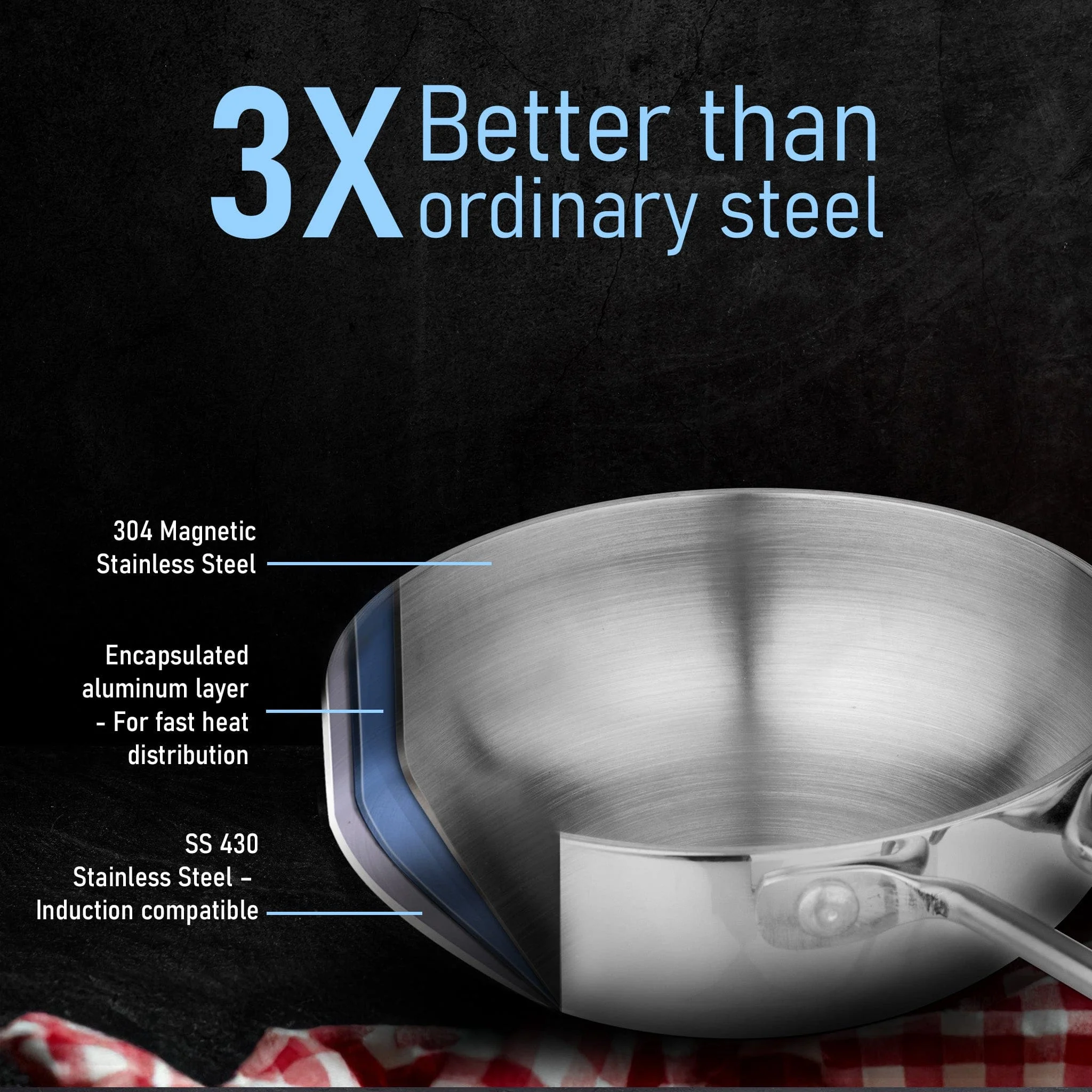 Stainless Steel Regency Triply Tadka Pan, 250 ml Capacity, 11 cm Diameter, 2.5 mm Thick Body, Induction & Gas Compatible, Riveted Handle, Silver - Image 3