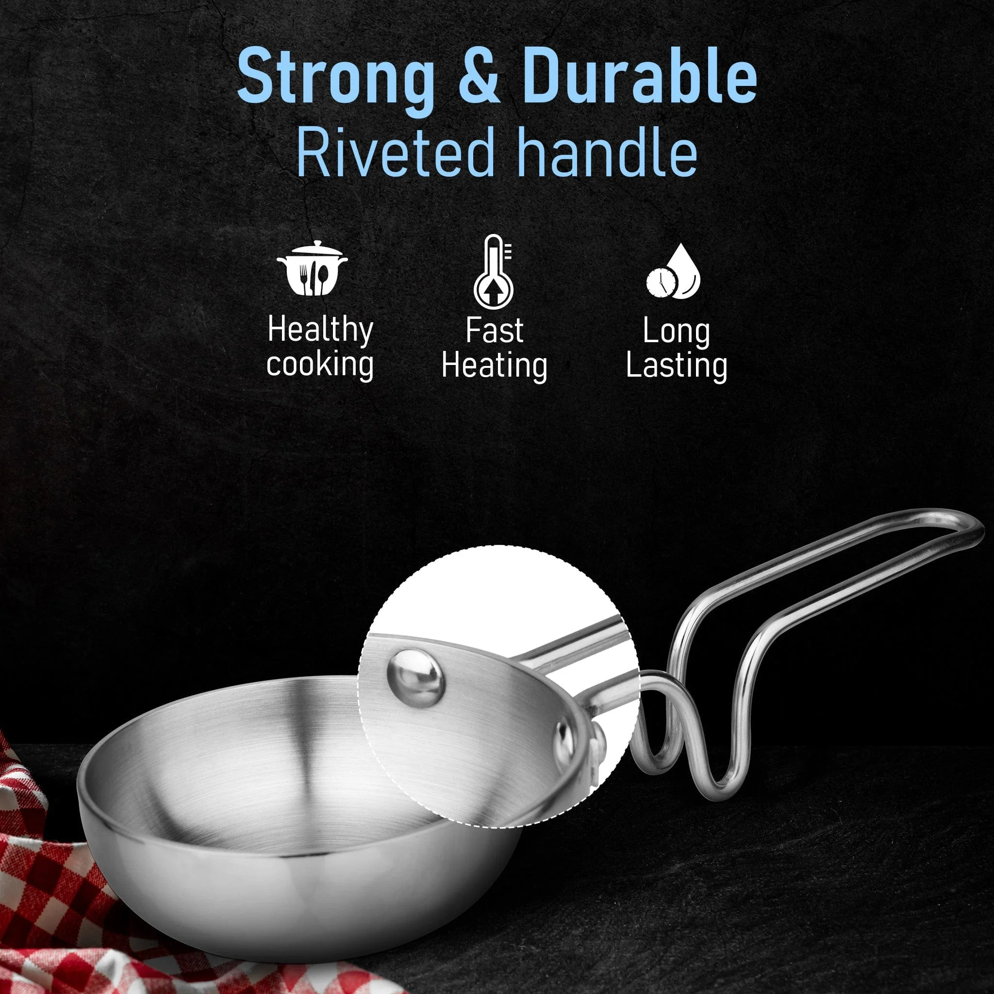 Stainless Steel Regency Triply Tadka Pan, 250 ml Capacity, 11 cm Diameter, 2.5 mm Thick Body, Induction & Gas Compatible, Riveted Handle, Silver - Image 6