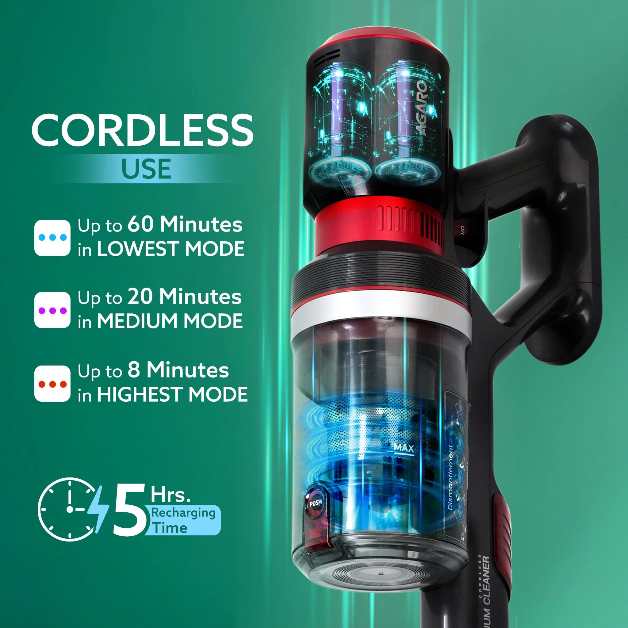 Supreme Cordless Stick Vacuum Cleaner,2In1 Handheld&Stick,400W Motor,25 Kpa Suction Power,3 Adjustable Suction Modes,Adjustable Head,Bagless Dry Vacumming,Red|Hepa Filter,0.5 Litre,1 Count - Image 6