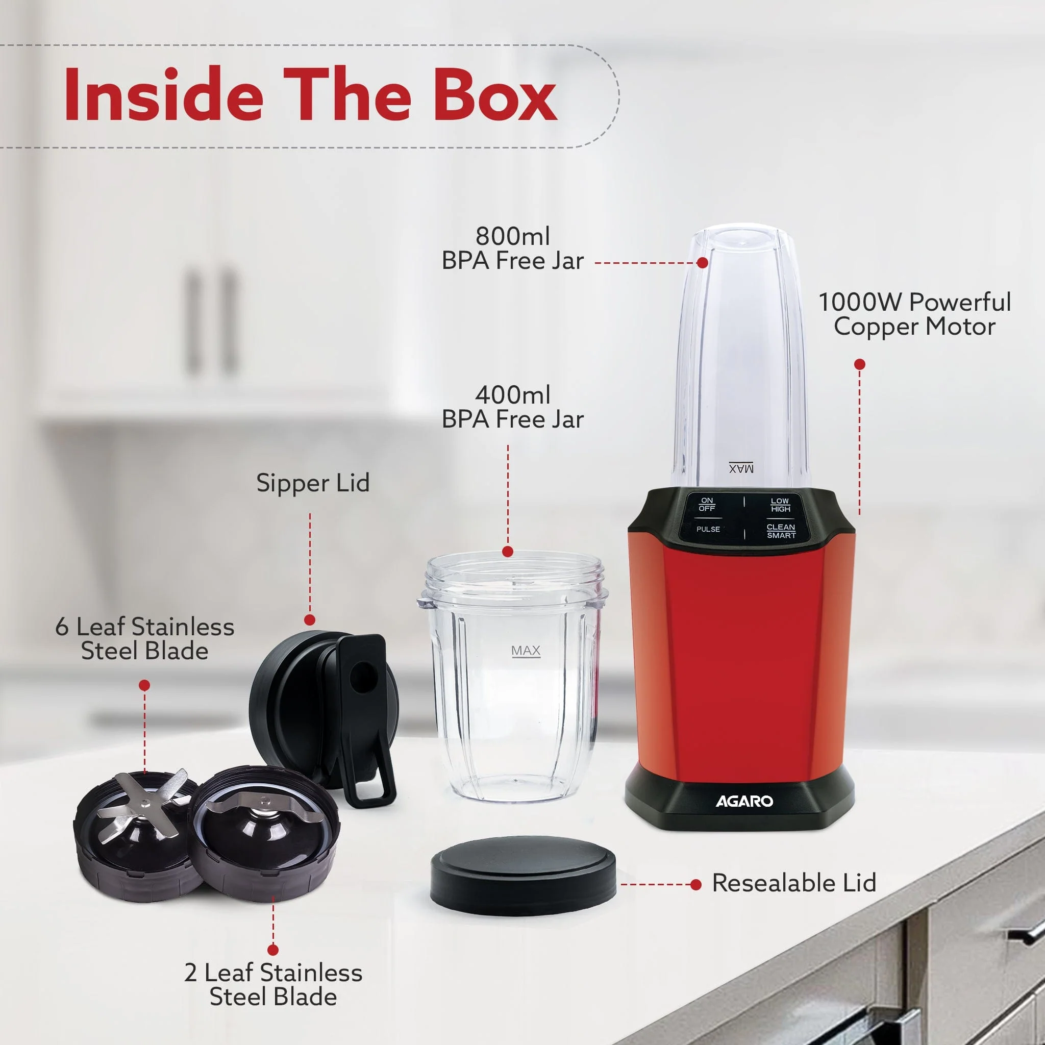 Supreme Personal Blender, Powerful 1000W Copper Motor, Mixer Grinder Blender, 20000 RPM, 2 SS Blade Set, 2 Scratch Resistant Durable Jars, for Smoothies, Dry Spices, Milkshake & Idli/Dosa Batter - Image 10