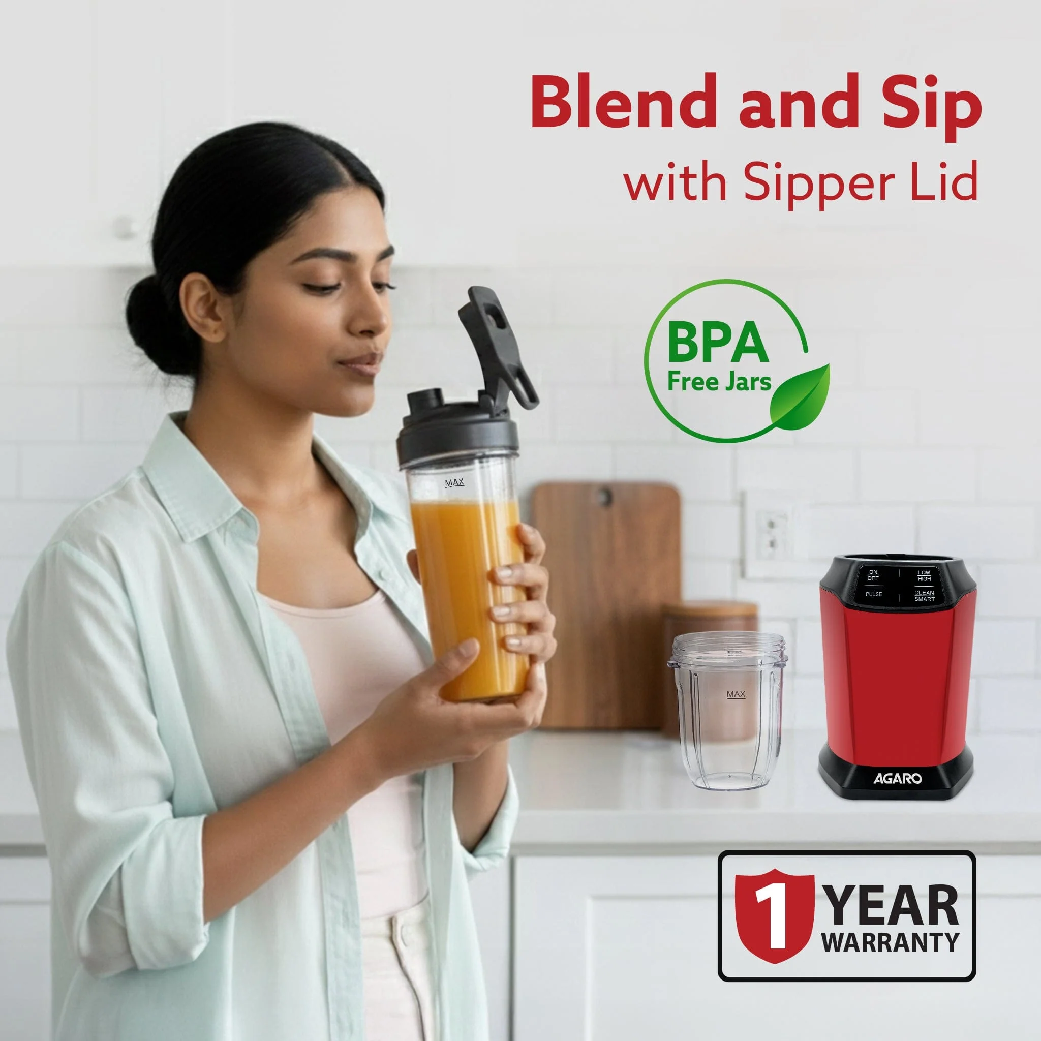 Supreme Personal Blender, Powerful 1000W Copper Motor, Mixer Grinder Blender, 20000 RPM, 2 SS Blade Set, 2 Scratch Resistant Durable Jars, for Smoothies, Dry Spices, Milkshake & Idli/Dosa Batter - Image 9
