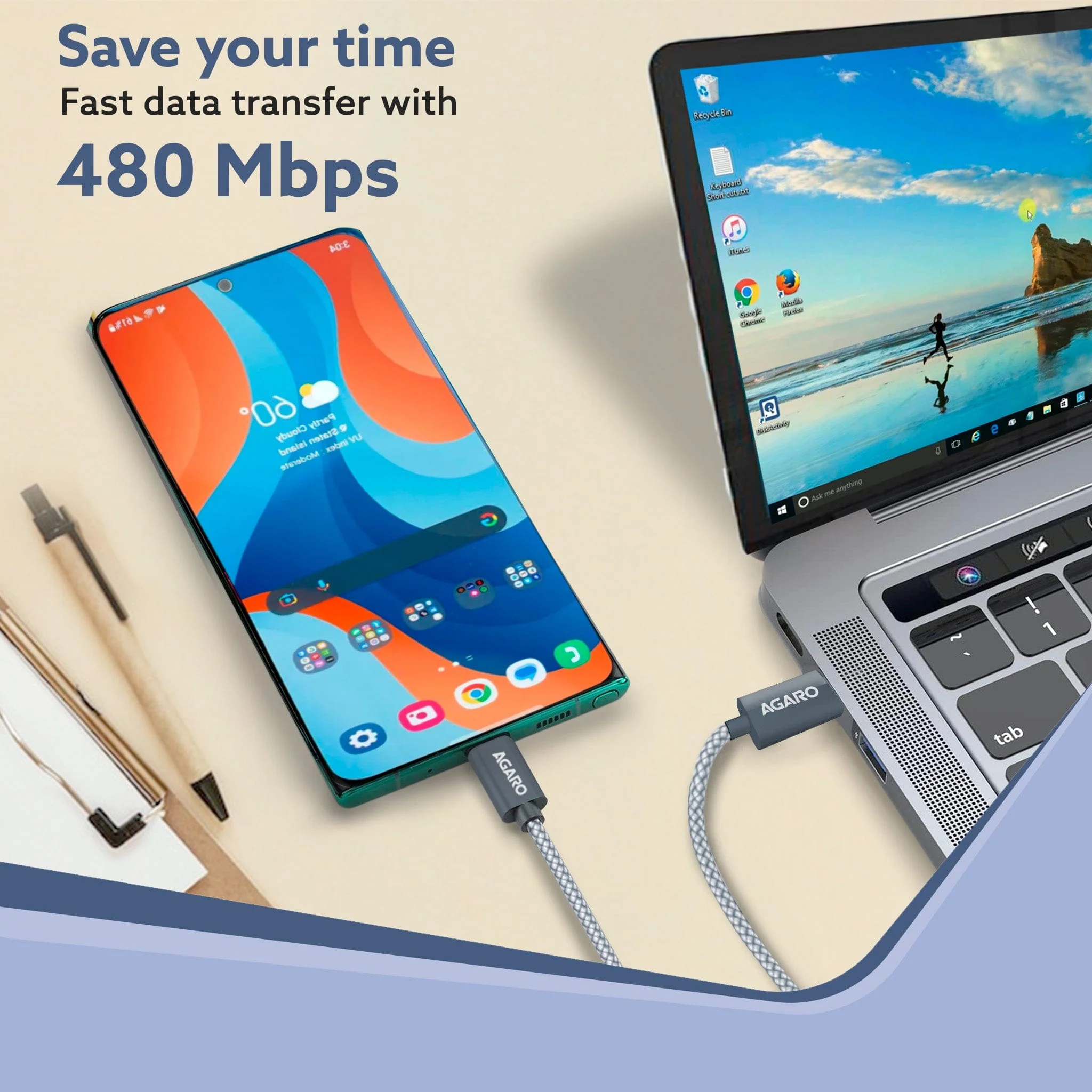 Type C to Type C Cable, 100W, 5A, Supports PD, Nylon Braided Fast Charging Cable, Compatible With Type C Devices Including Android Phone, iPhone, Laptop & MacBook, 1M, 480 Mbps Data Transmission - Image 3