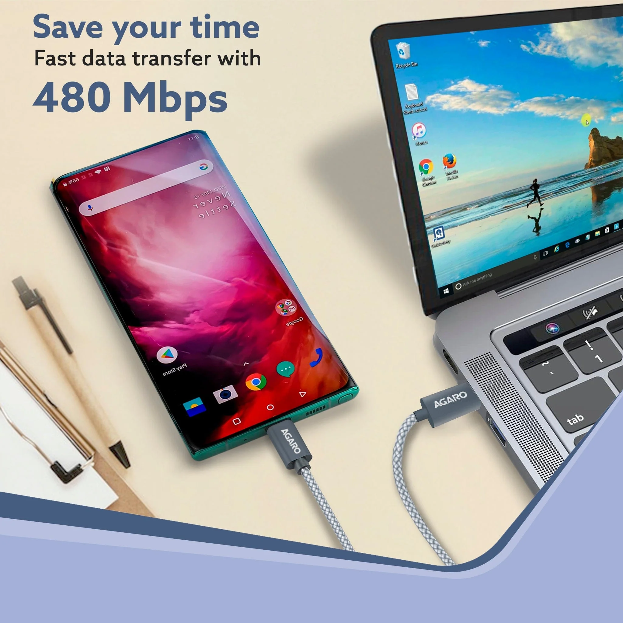 Type C to Type C Fast Charging Cable compatible with Android devices, iPhone15, Power Bank, 5A, 100W, Supports PD, 480 Mbps Data Transmission, Braided, 1.5 Meter, Black - Image 3