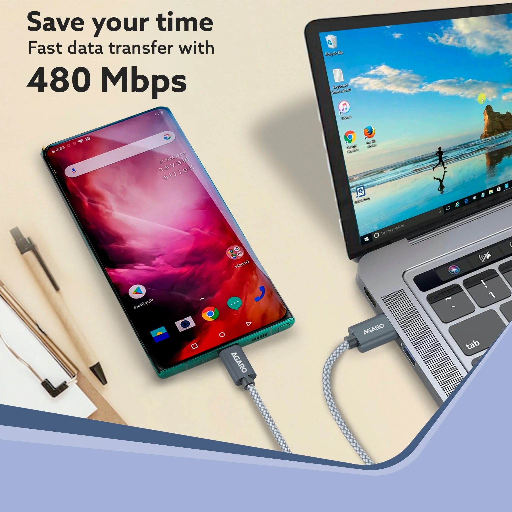 USB-A to Type C Cable, Unbreakable Braided Cable, 3A Fast Charging, Compatible with All Type C Devices Including Smartphones, Tablets etc, PD Technology, 1 M (3.2Ft), 480 Mbps Data Transmission - Image 3