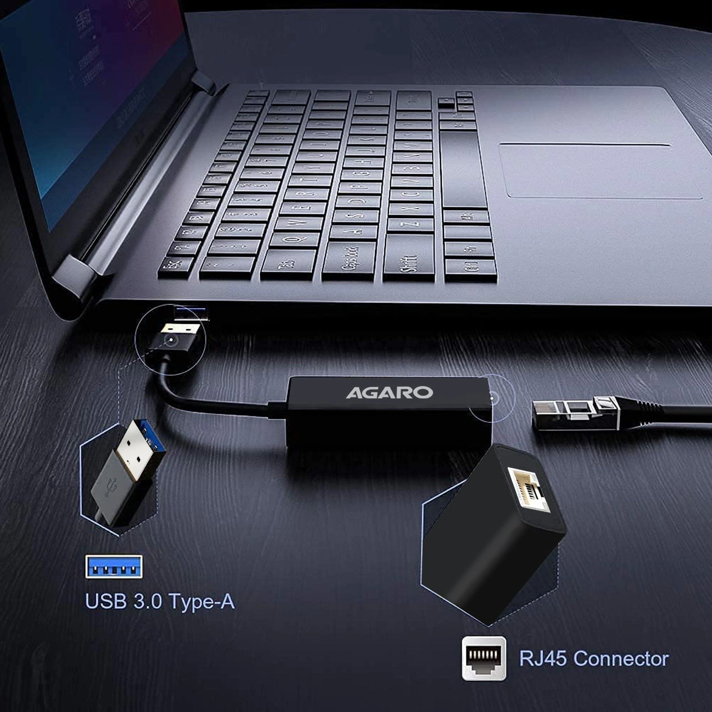 USB Ethernet Adapter, USB 3.0 to 10/100/1000 Gigabit Ethernet LAN Network Adapter, Plug & Play, Ethernet Compatible with Nintendo Switch MacBook Surface Pro Laptop PC Black - Image 3