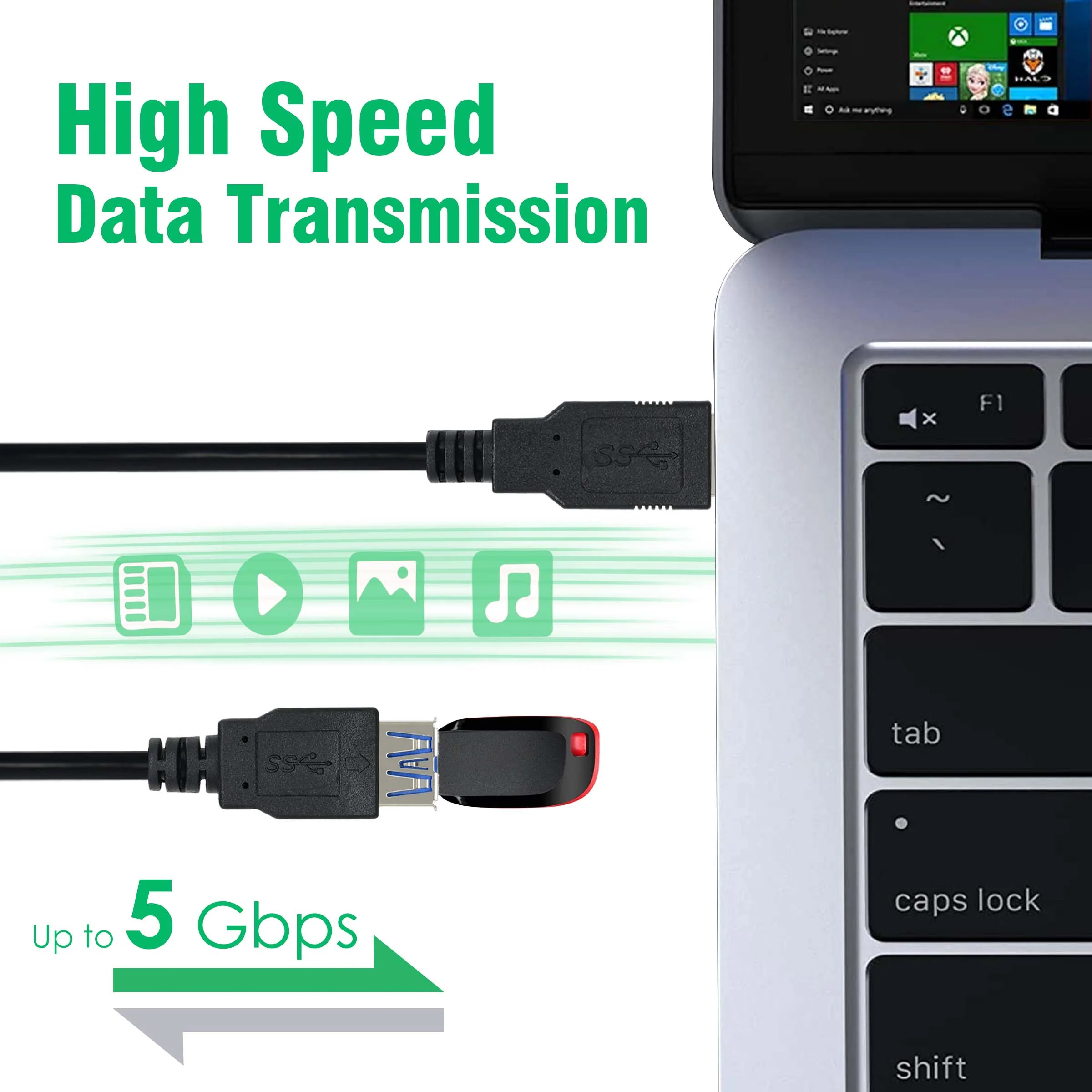 USB Extender, USB 3.0 Extension Cable Male to Female USB Cable High-Speed 5GBps Data Transfer Compatible with Webcam, Gamepad, Keyboard, Mouse, Hard Drive, Xbox, Laptop/PC/Mac/Printer, 1 Meter - Image 2